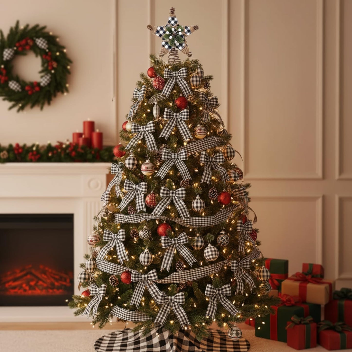 Lenwen Christmas Tree Topper Star 7.9 Inch Buffalo Plaid Star Topper Rustic Christmas Tree Ornaments Decoratione for Home Office Xmas New Year Holiday Decoration