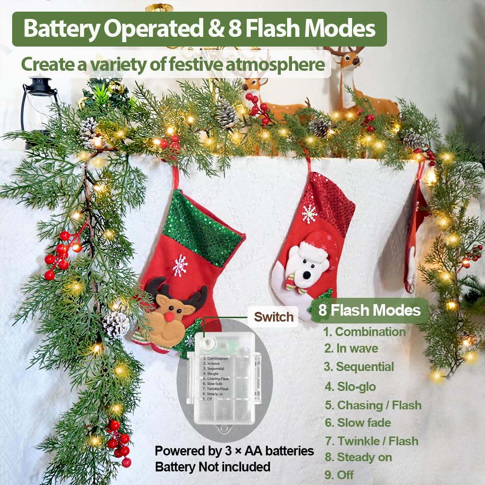 Christmas Garland Lights 6.56FT 40 LED Battery Operated Lighted Garlands with Timer Red Berry Pinecone Cypress Pine Garlands Wreath Christmas Decor for Mantel Stairs Porch Indoor Outdoor Home Decor