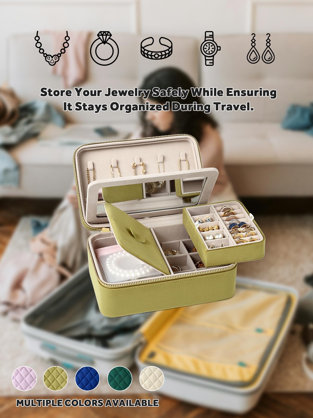 Lumayina Velvet Travel Jewelry Box with Large Mirror, Double-Layer Jewelry Organizer Case for Women and Girls, Portable Storage Case with 6 Anti-Tarnish Bags Gift Ready for Her (Avocado Green)