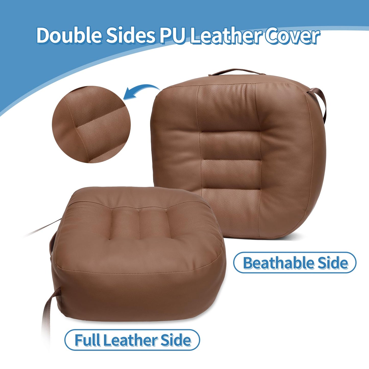 YOUFI Leather Seat Cushion Extra-Thick Booster for Office Chair to Rise Height - Full Filling for Support - with Breathable Cover, Handle and Buckle - Relieves Back Pain – 18"x16"x6" (Brown)
