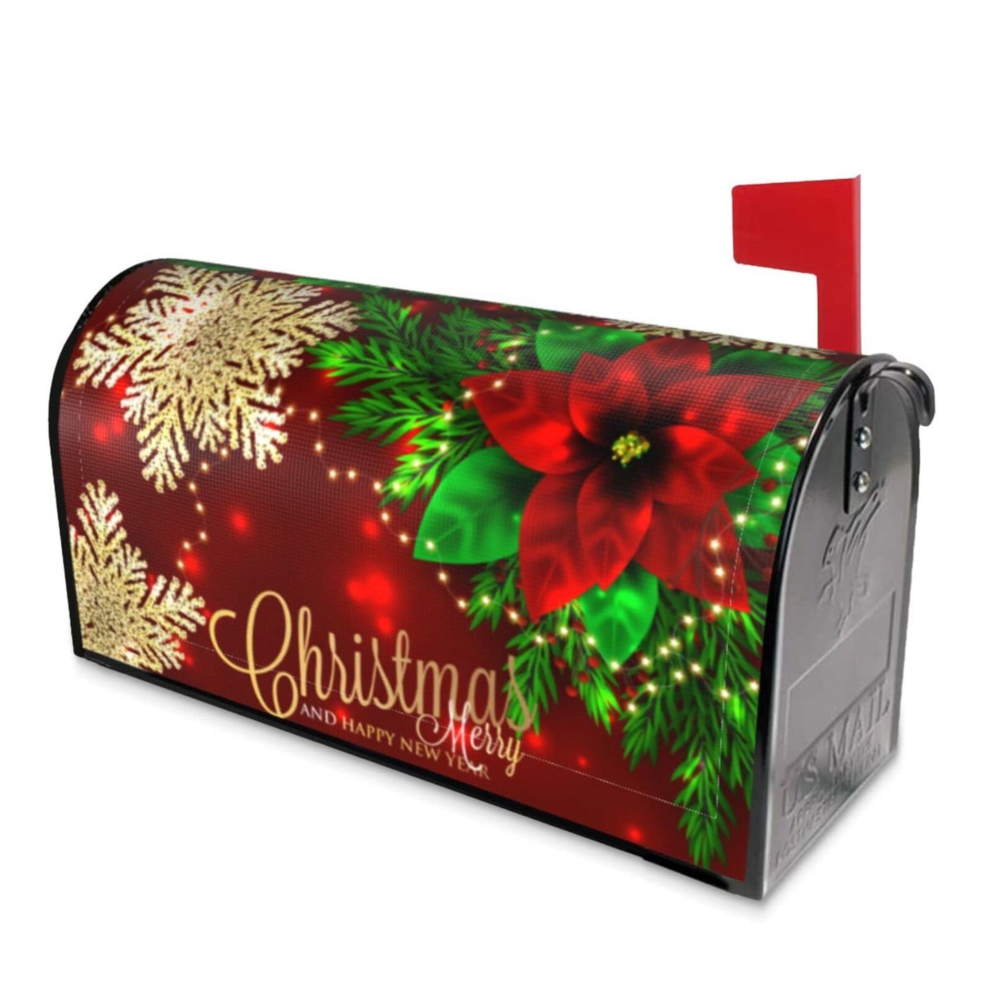 Christmas Mailbox Covers Poinsettia Gold Snowflake Xmas Magnetic Letter Post Box Cover Standard Size 25.5 x 21 Inch Garden Yard Home New Year Holiday Decorative