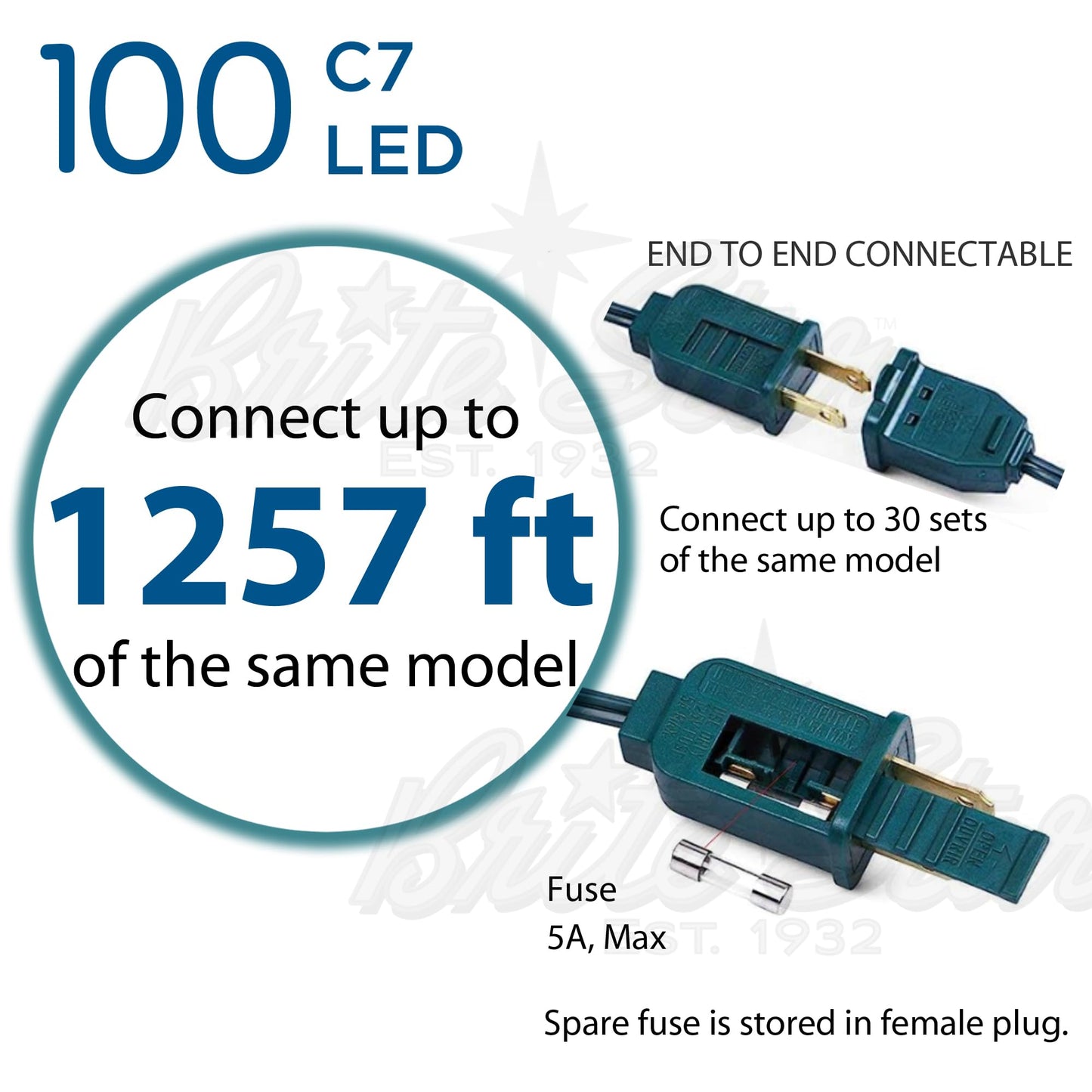 Brite Star 100 Lt Faceted C7 LED Lights, Pure White, Green Wire