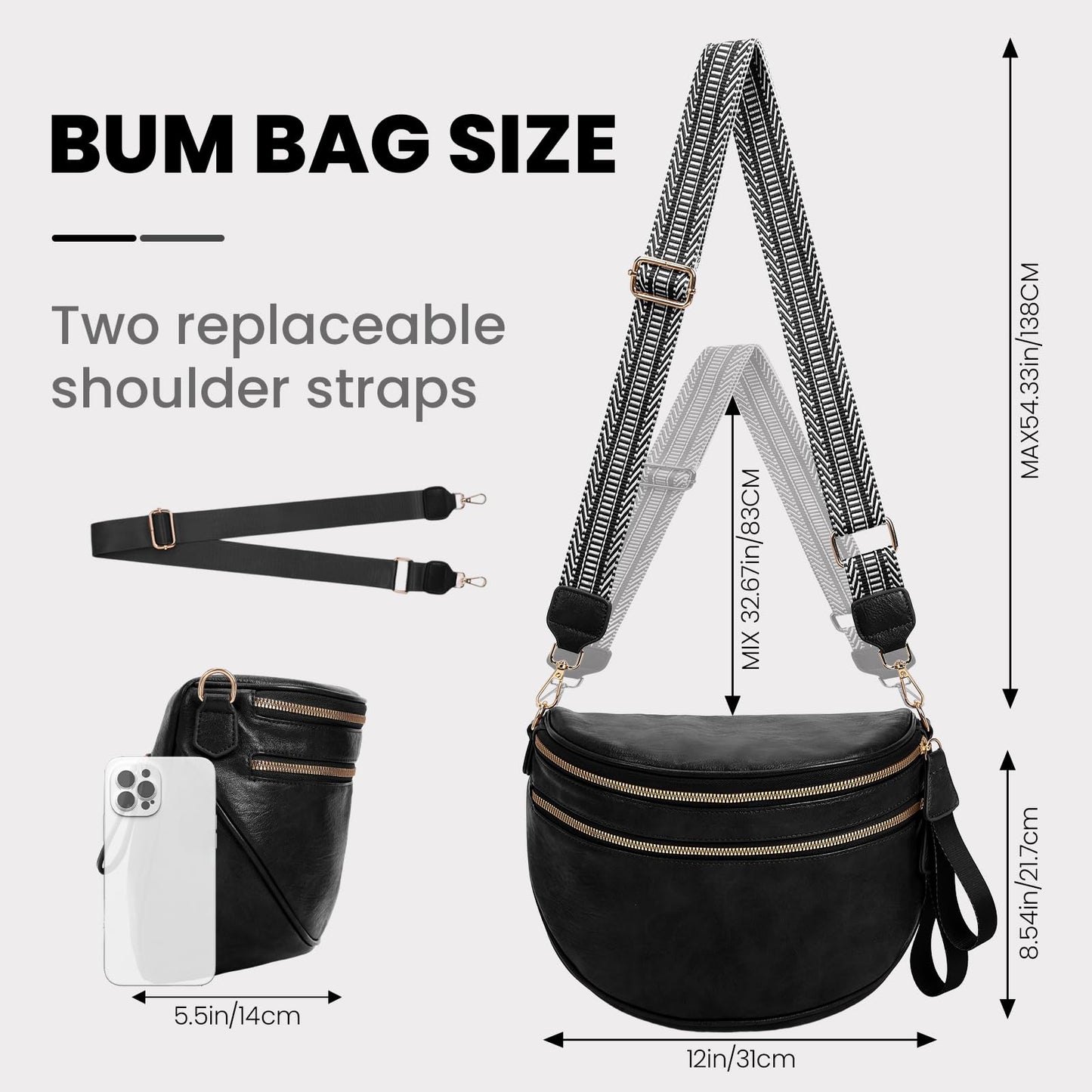 Leather Crossbody Fanny Pack Trendy Bum Bag Double Zip Multi Compartment with 2 Adjustable Straps Daily Belt Purse for Women