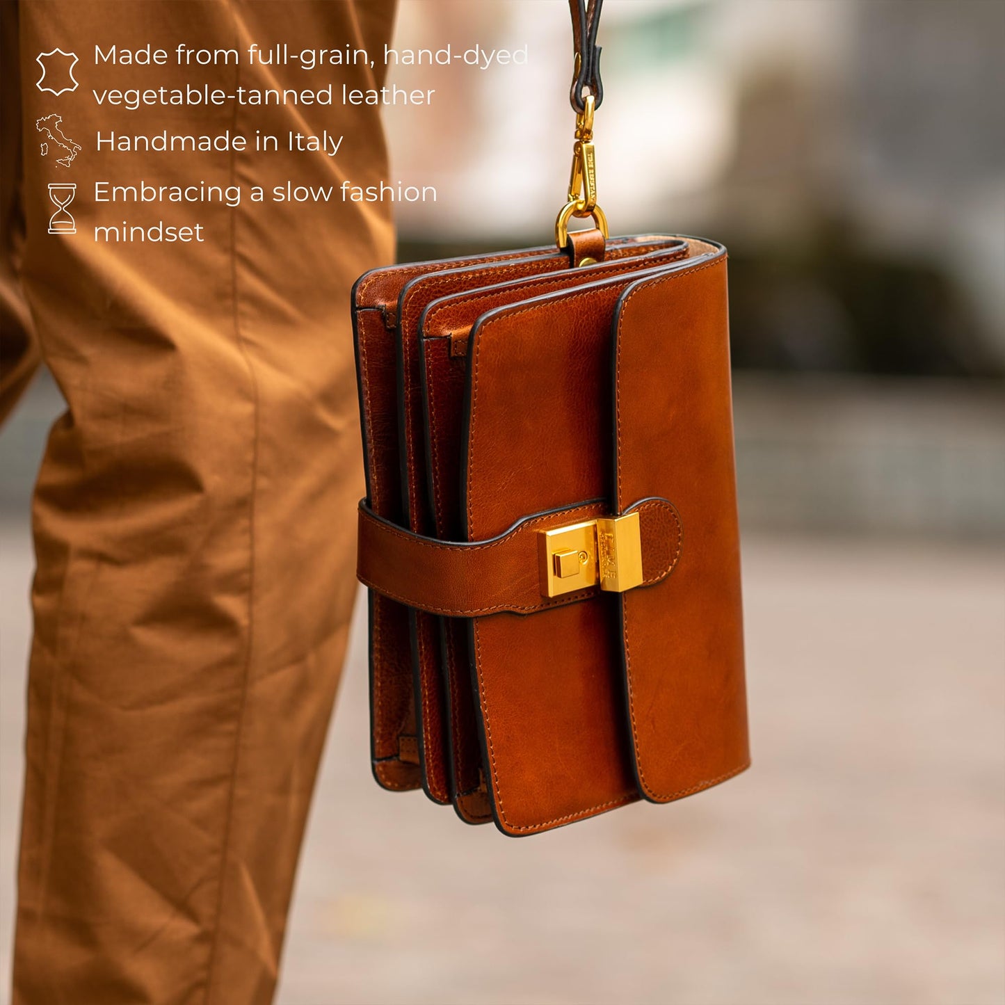 Time Resistance Leather Clutch - Organizer Bag for Men - Wrist Bag - Briefcase Handmade in Italy (Cognac Brown) - Handbag for Men - Gift Box Included