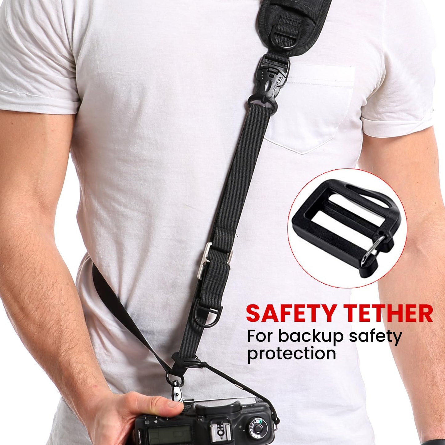 Waka Rapid Camera Neck Strap with Quick Release and Safety Tether, Adjustable Shoulder Sling Strap for Nikon Canon Sony Olympus DSLR - Black