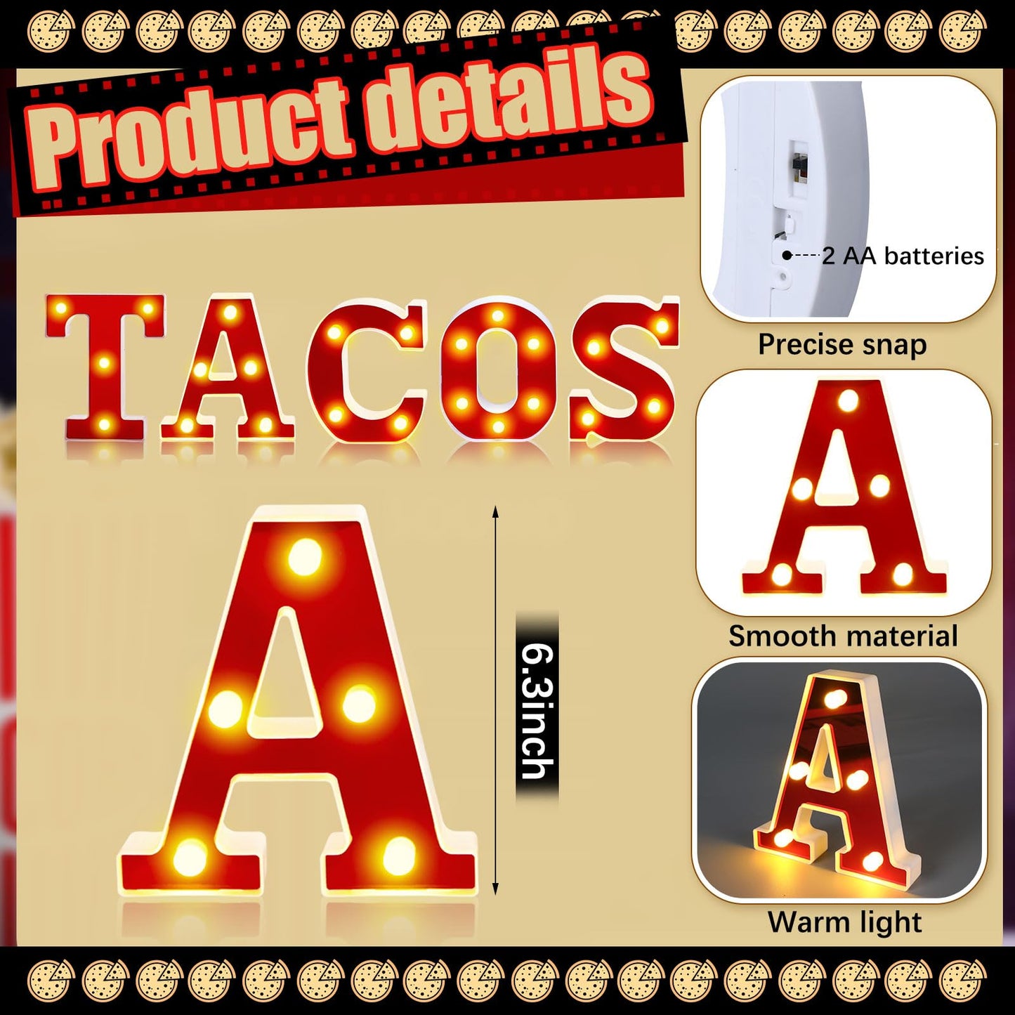 Aurelema Tacos Decorations 6.3" Light up Letters Mexican Cinco De Mayo Party Decorations Taco Bar Battery Powered Marquee LED Letter Sign for Mexican Tacos Theme Wedding Birthday Fiesta Party Supplies