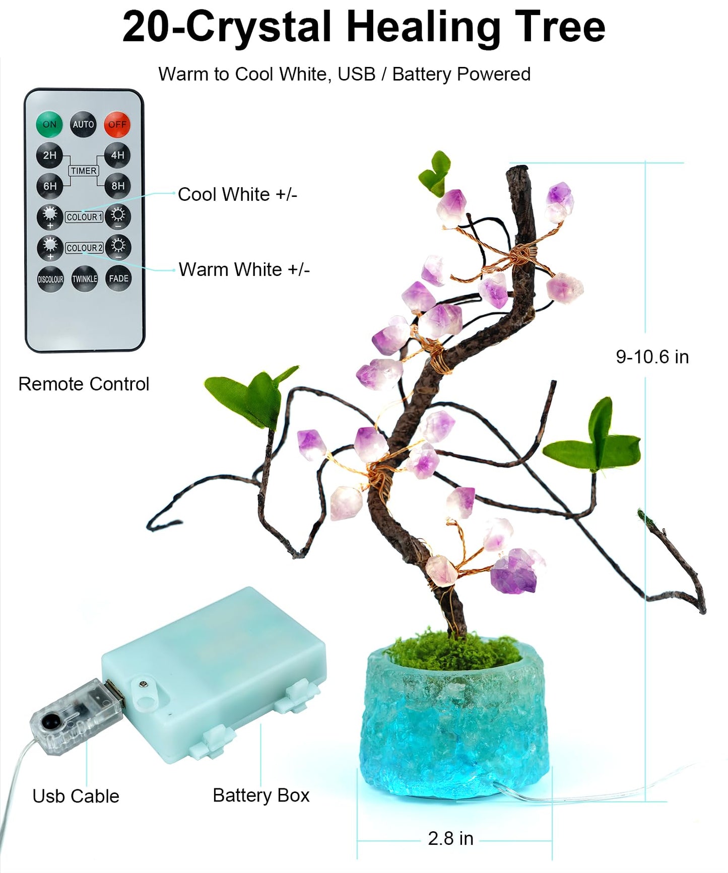 BOHON 10.6" Crystal Tree of Life Night Light with Remote & Timer, USB/Battery Powered, Adjustable Warm to Cool White, Healing Stone Decor, Unique Gift for Women, Housewarming, Birthday