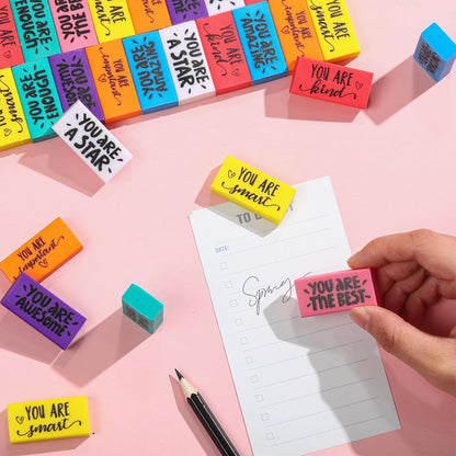 PerKoop 50 Pcs Inspirational Erasers Bulk Back to School Gifts Colorful Motivational Pencil Erasers for Kids First Day of School Favors for Students Teachers Classroom Office Supplies