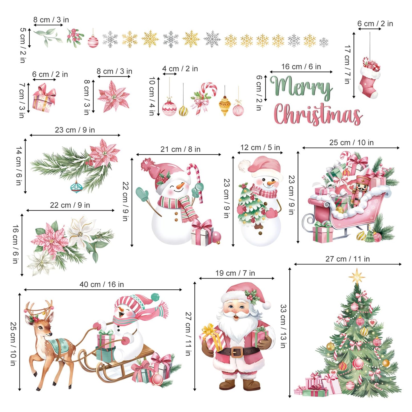 decalmile Christmas Pink Snowman Santa Claus Window Clings Reusable Reindeer Xmas Tree Elk Window Decals Double Side Printed Window Stickers Glass Home Party Supplies Gift Shop Decoration