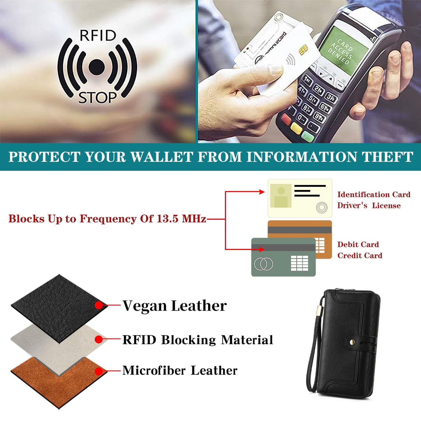 GOIACII Wristlet Wallets for Women Large Capacity RFID Blocking Ladies Phone Clutch Card Holder Black