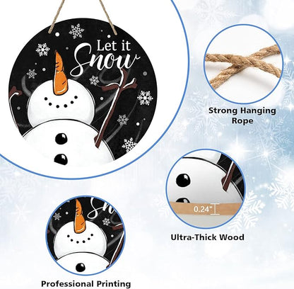 Deroro Winter Snowman Sign for Front Door Decor, Black Let It Snow Welcome Farmhouse Wood Door Hanger for Outdoor Outside Porch, Rustic Christmas Snowflakes Wooden Wreath Wall Hanging Decoration