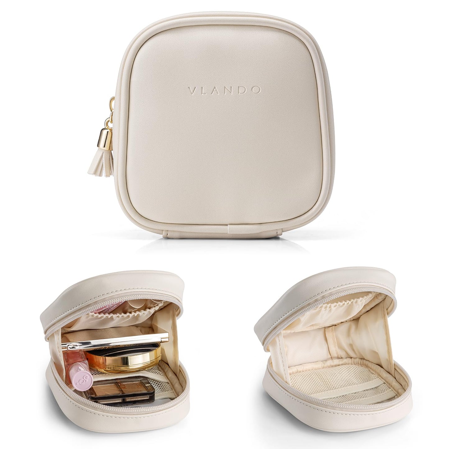 VLANDO Mini Makeup Bag, Small Makeup Bag for Purse with Slip-in Pockets, Portable Travel Toiletry Bag with Zipper, Waterproof Travel Essentials for Women - Cream White