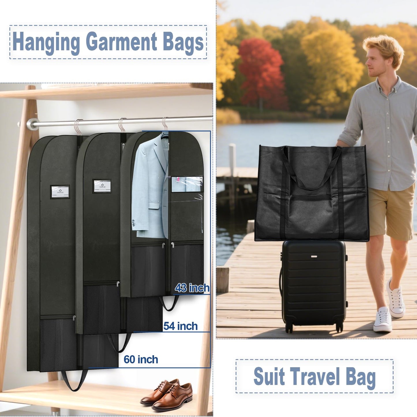 Business Travel Garment Bag, Suit Bags for Men for Sales Professional, Foldable Suit Carrier with Shoe Compartment, Clear Window, Handle, Zipper, Wrinkle Free Suit Bag for Flights, Office, Hotels
