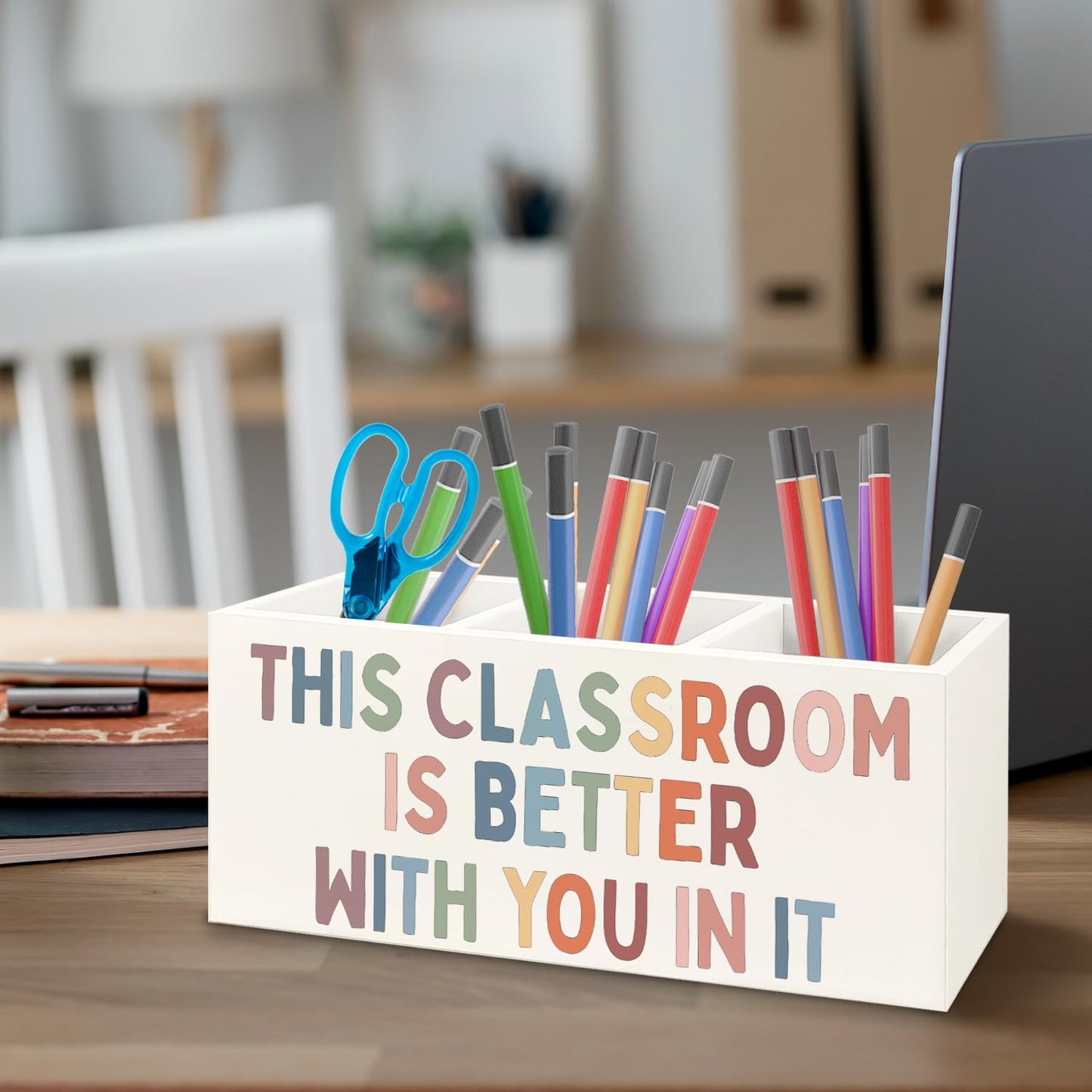 URLLUAE Classroom Decor Wooden Pen Pencil Holder for Teacher Desk Accessories, Back to School Supplies for Students College Teachers First Day of School, This Classroom Is Better with You in It