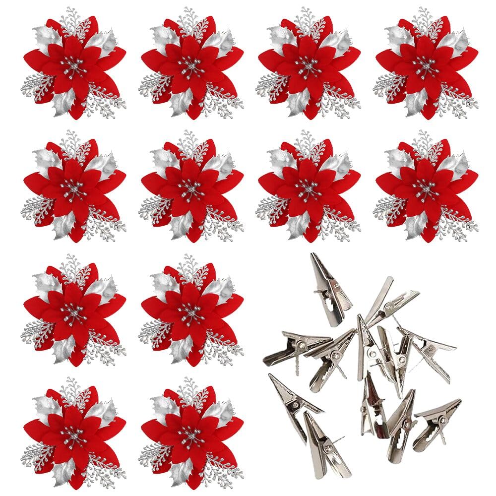 werdecade 12-Pack Christmas Flower Picks, Gold Red Glitter Poinsettia Floral Stems with Alligator Clips for Wreaths, Xmas Tree Decor, Holiday Arrangements (red Silver)