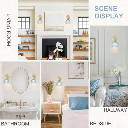 Hardwired Wall Sconce Light, Vintage Wall Sconce with Switch, Gold Wall Light Fixture with Tulip Denim Blue Glass Lampshade, Indoor Wall Light for Bedroom Bathroom, Bedside Wall Lamp