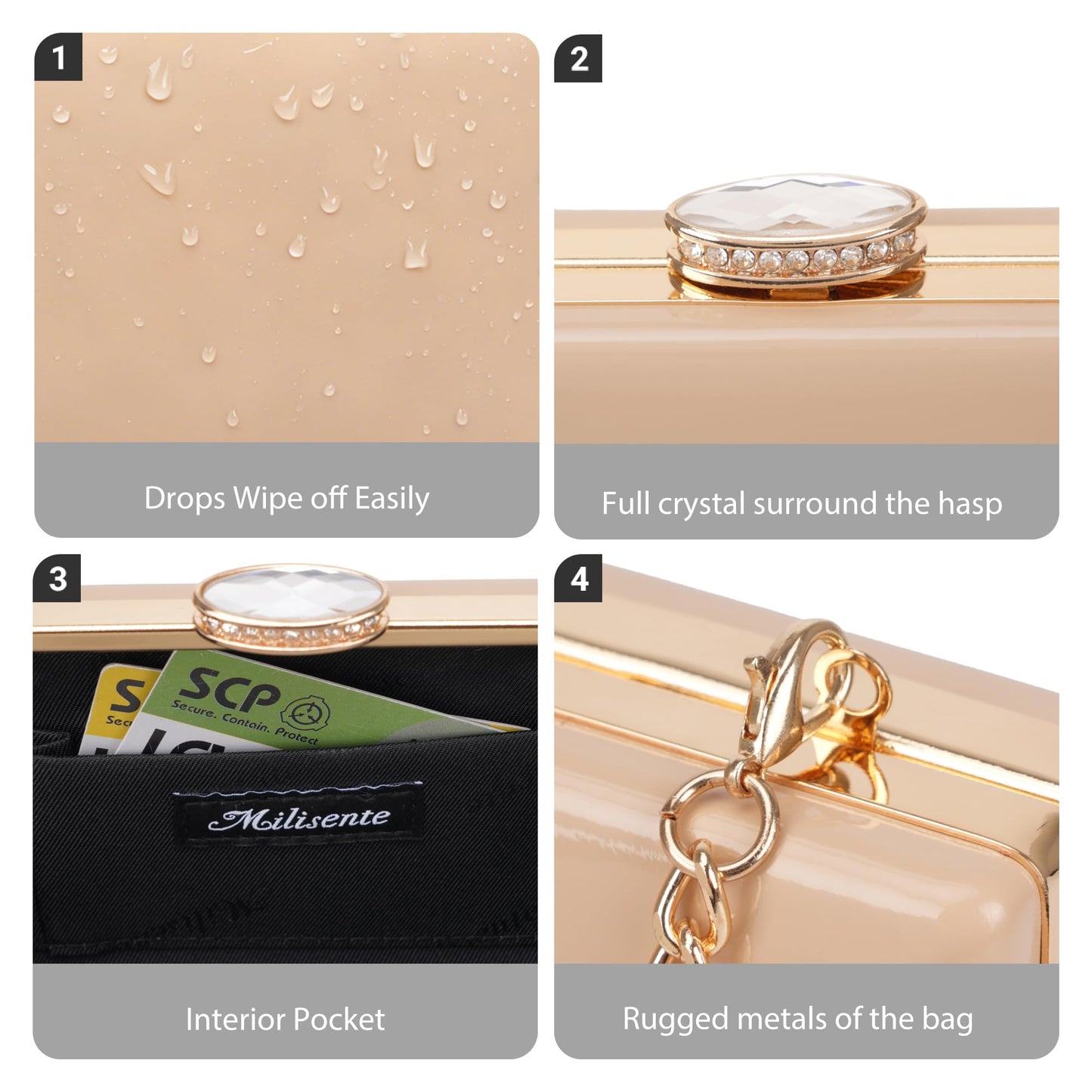 Milisente Patent Leather Clutch Purses for Women Glossy Evening Bag For Wedding Cocktail Party With Detachable Chain(Beige)