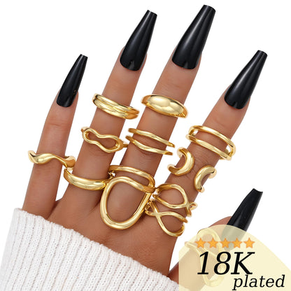 FAXHION 12PCS Gold Stackable Rings Set for Women, 18K Gold Plated Open Stacking Knuckle Ring, Adjustable Chunky Signet Band Statement Ring for Gift