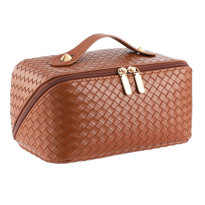 Large Capacity Travel Cosmetic Bag - PU Leather Makeup Organizer Bag Portable Woven Makeup Bags for Women Waterproof Travel Toiletry Bag with Divider Pouch, Brown