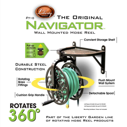 Liberty Garden 710 Navigator Rotating Garden Hose Reel, Holds 125-Feet of 5/8-Inch Hose - Bronze
