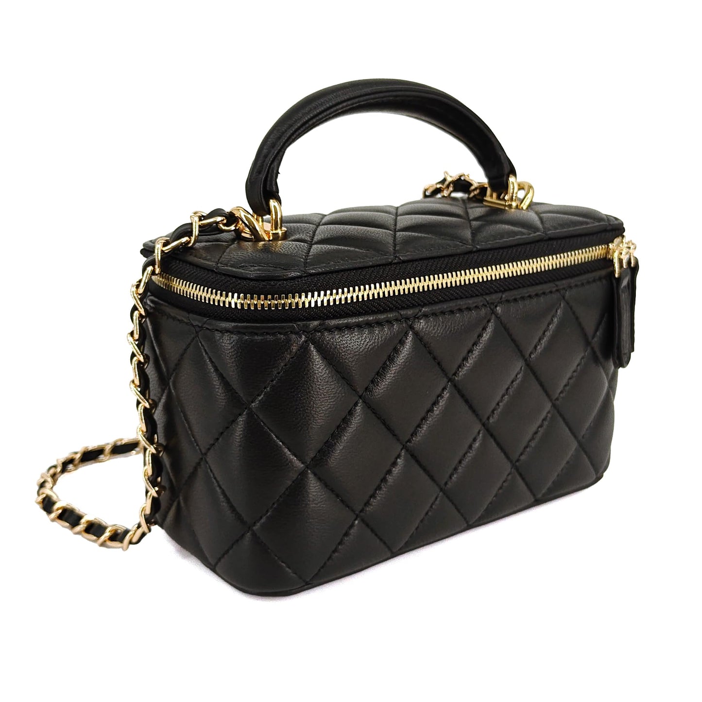 M-ioi-M Soft Lambskin Small Purse Genuine Leather Mini Crossbody Bag for Women with Gold Chain Strap, Quilted Top-Handle Shoulder Handbag, Classy Designer Dressy Evening Purse, Vanity Case Bag(Black)