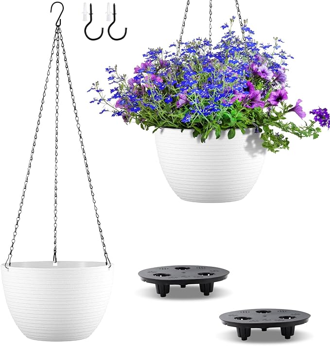 Set of 2 10 Inch Self Watering Hanging Planters for Indoor Outdoor Plants, Light Textured Hanging Baskets Flower Pots with Drainage Hole & Plug and 20" Chain Hanger