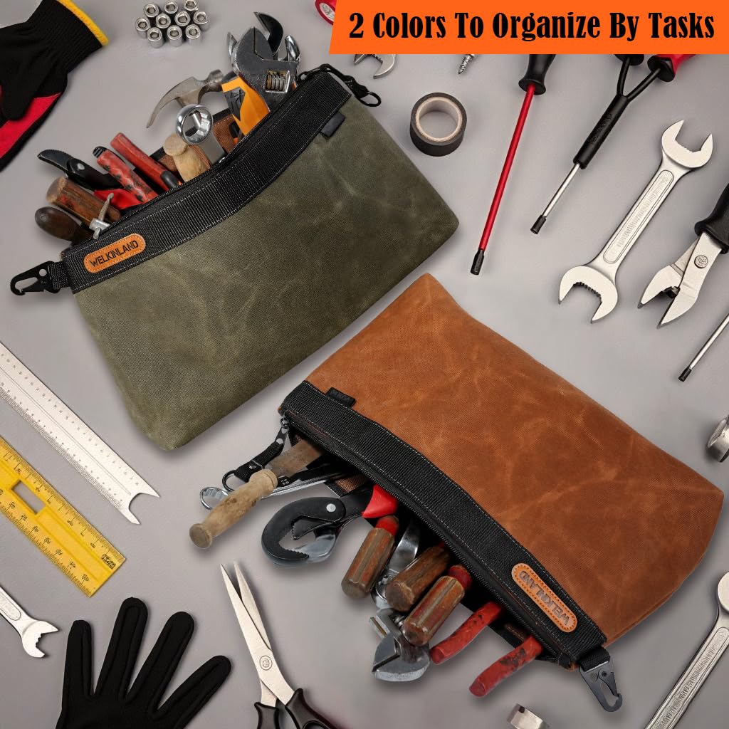 WELKINLAND 2-Pack Heavy-Duty Waxed Canvas Tool Pouches, 14-Inch Zippered Tool Organizer Pouches with Water-Resistant Coating and Durable Canvas Construction