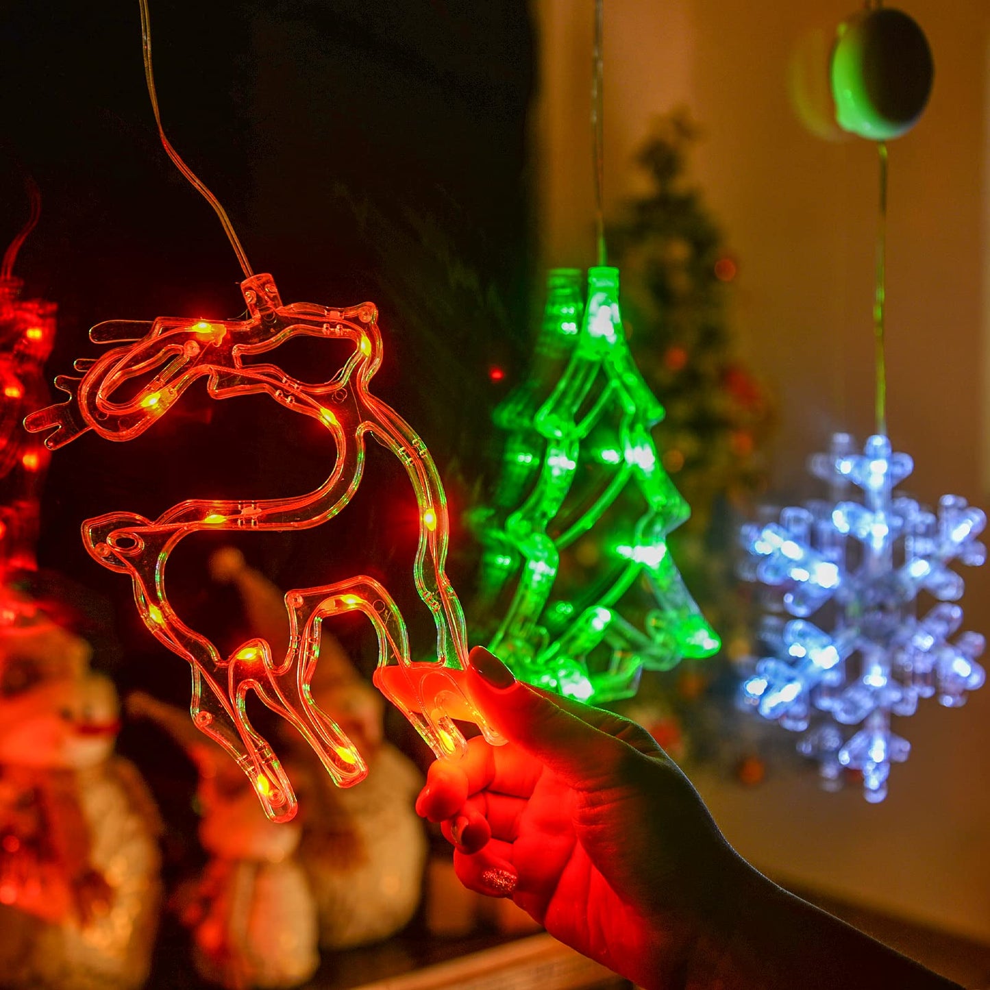 LOLStar Christmas Decorations, 3 Pack Reindeer, Christmas Tree, and Snowflake Window Lights with Suction Cup, Timer Function & Slow Fade Mode Battery Operated Indoor Lights for Christmas Eve New Year