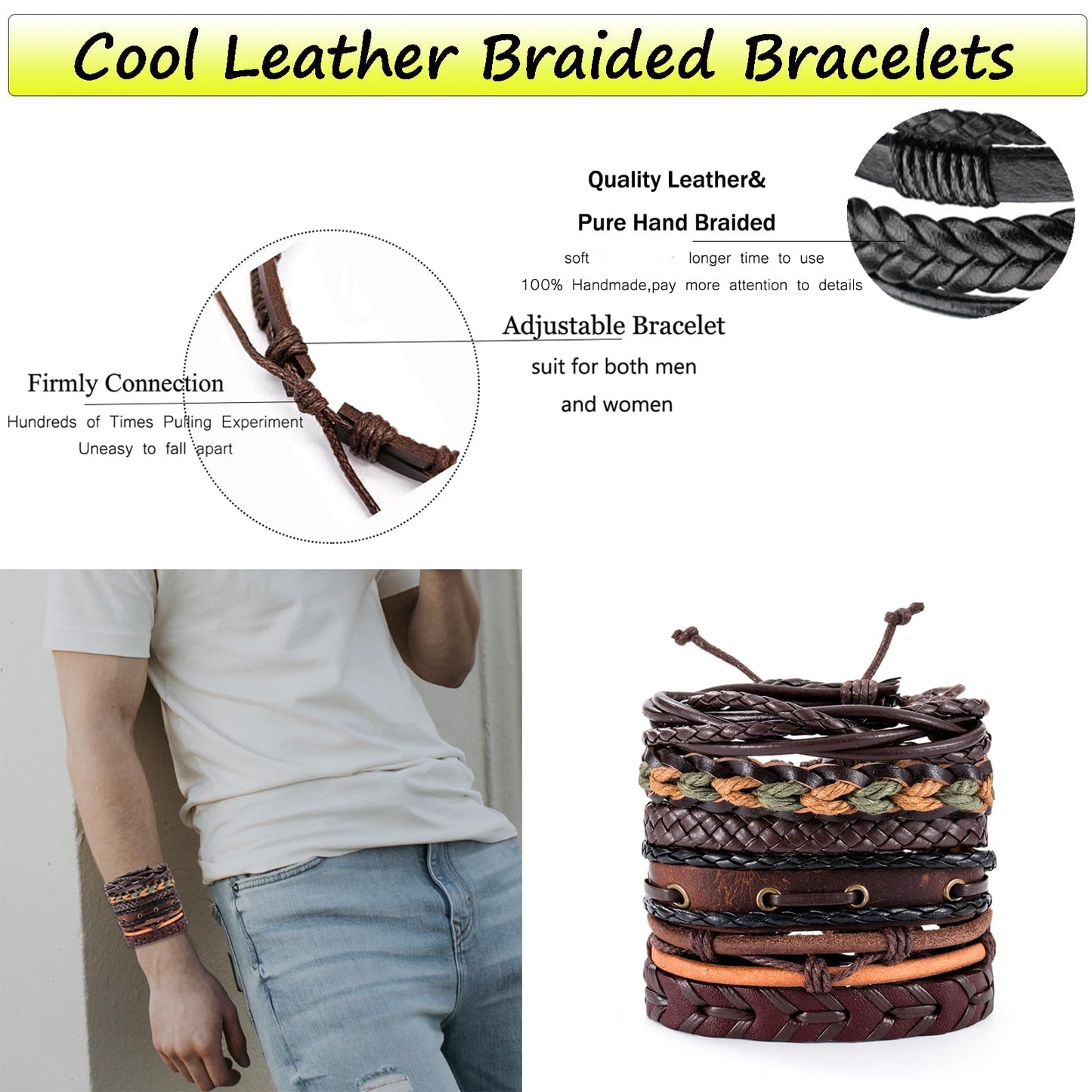 SONNYX 44 Pcs Braided Leather Bracelets for Men Women Woven Cuff Wrap Bracelets Hemp Cords Wood Beads Ethnic Tribal Bracelets Adjustable Leather Wristbands