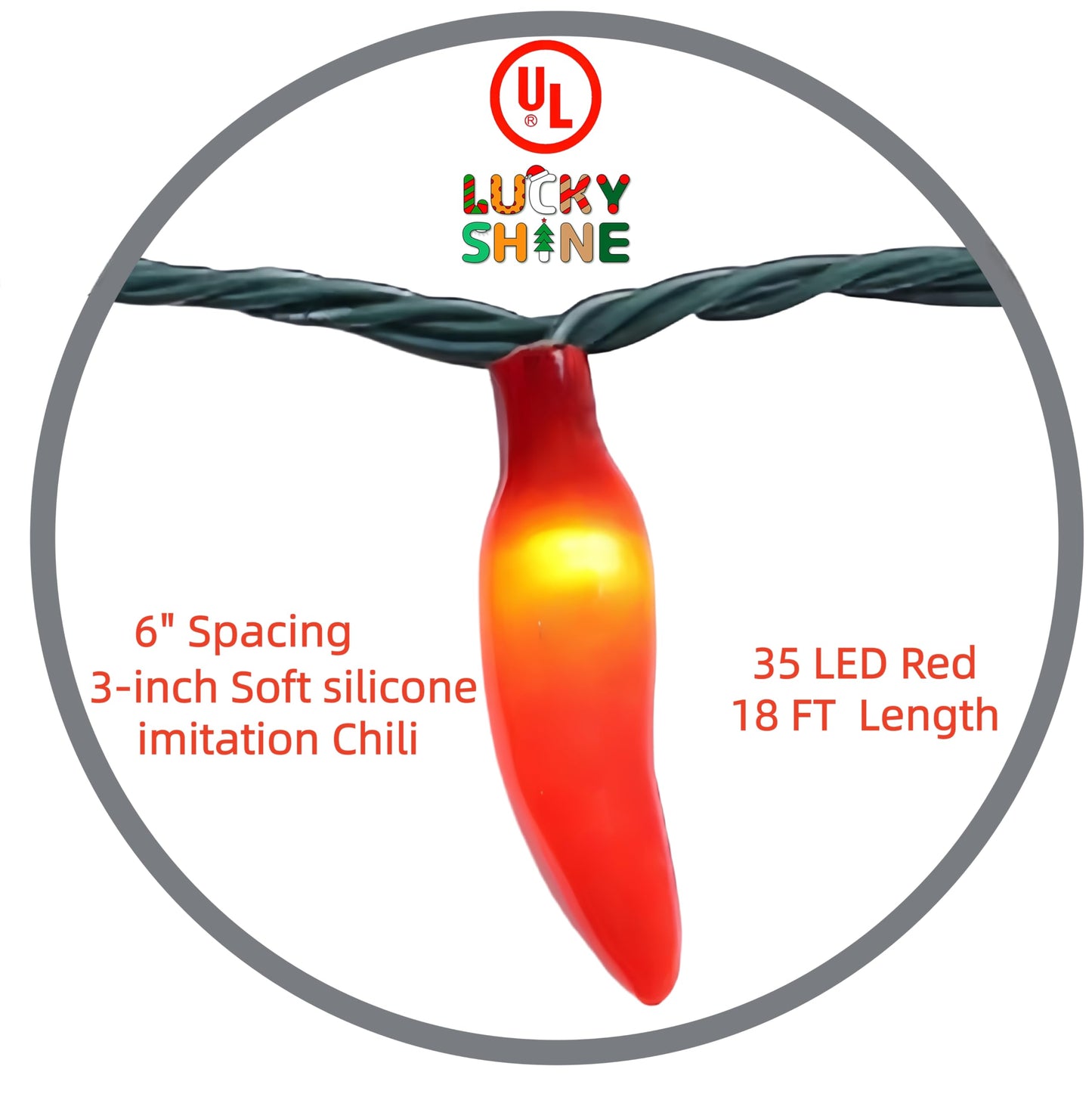 LUCKY SHINE 35 Red Pepper Decorative Lighting String, Commercial Grade LED Chili String Lights 18 FT, for Christmas, Easter, Kitchen, Garden, Patio, Living Room.