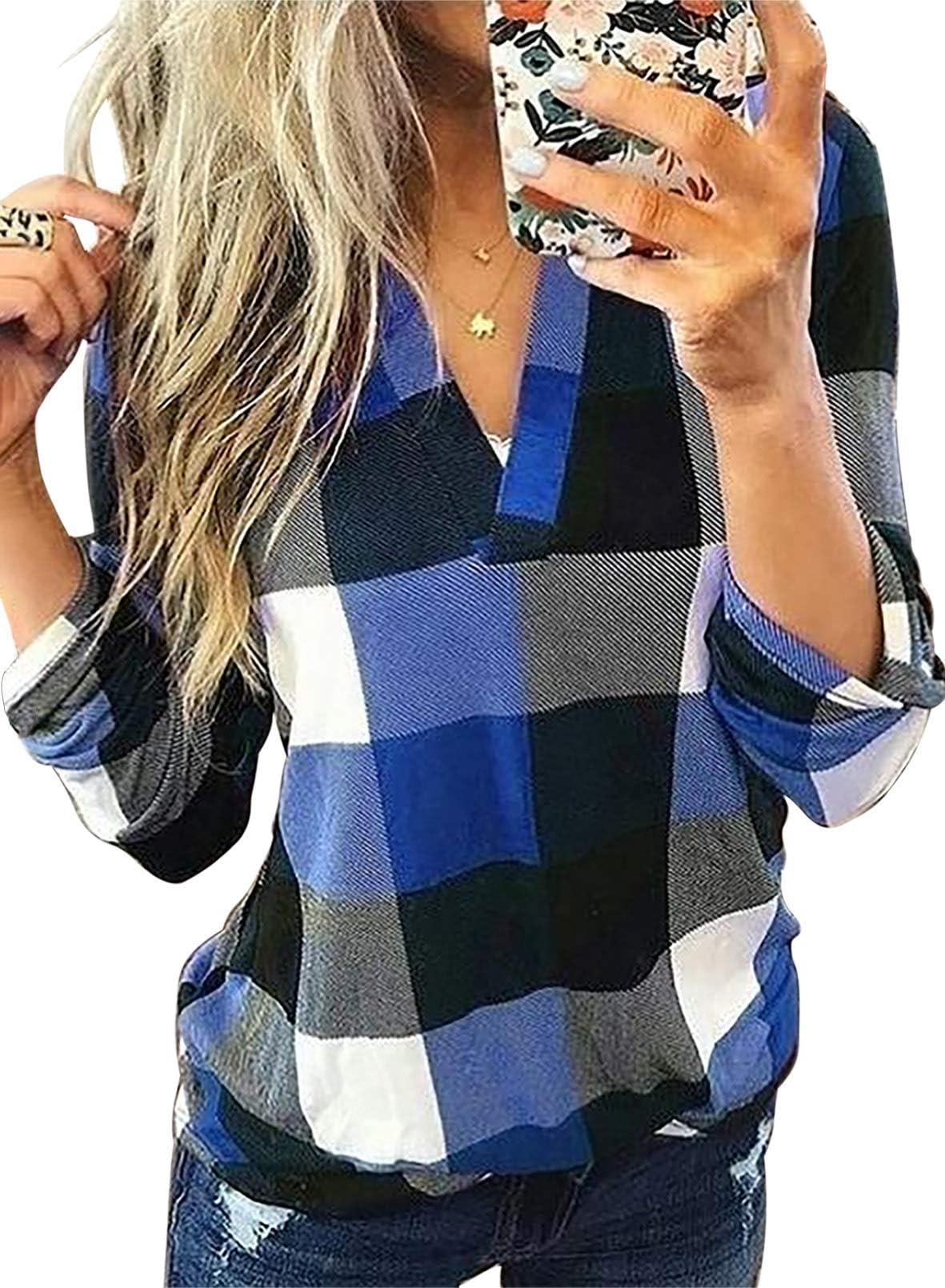 Dokotoo Womens Basic Casual V Neck Plaid Print Cuffed Long Sleeve Work Tops Blouses Shirts S-3XL
