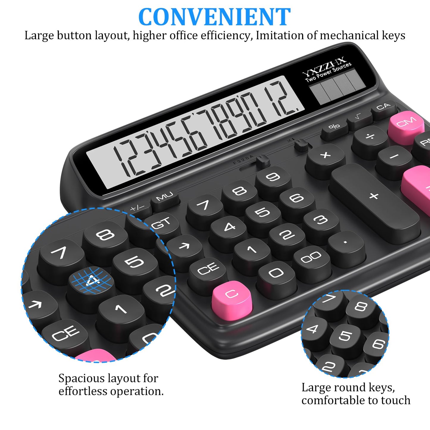 Desktop Calculator with Extra Large 5-Inch LCD Display, 12-Digit Two Way Power Solar & Battery Office Calculator with Big Buttons for Business, Accounting & Home Use(Black)