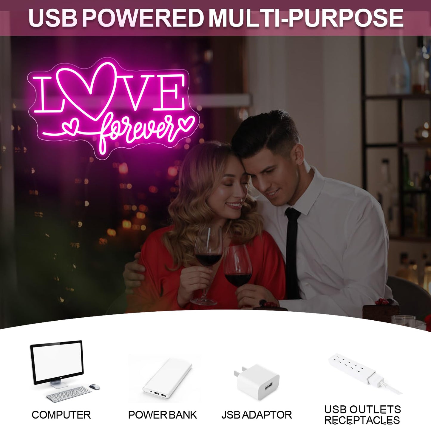 Love Forever Heart Neon Sign, Wedding Party LED Neon Light Valentine's Day Wedding Backdrop Decor Gift For Lover Valentine's Day Gift, LED Romantic Light, Couple Space Accent-Pink-16.5"