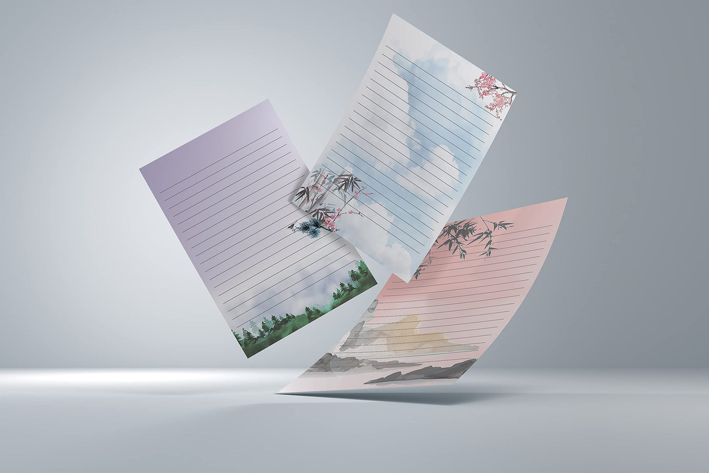 Better Office Products Mini Stationery Set of 100, Japanese Stationery Paper (50 Lined Sheets + 50 Matching Envelopes), 5.5 x 8.25 inch, 9 Designs, Double Sided Printing, One Side Lined Paper,