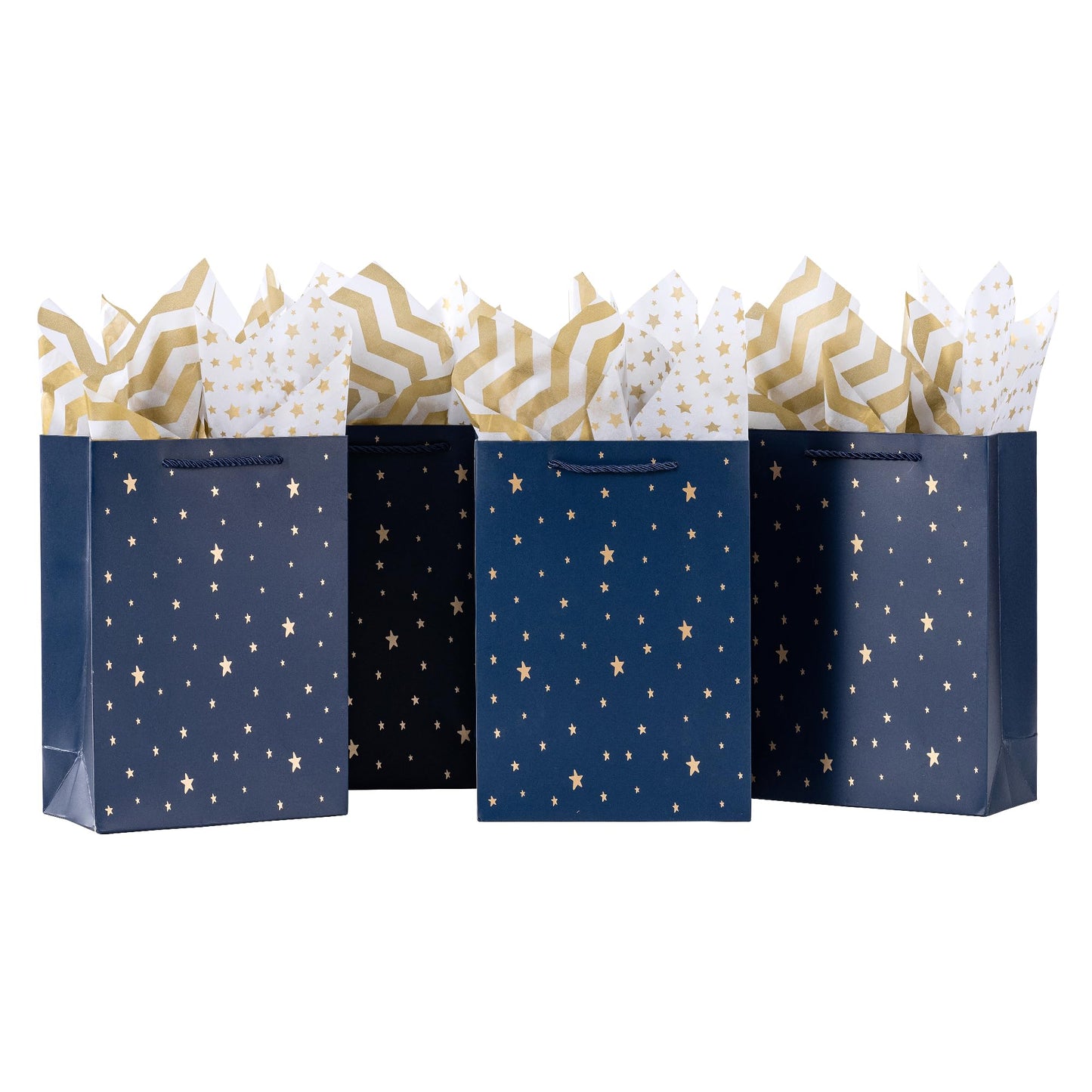 SHIPKEY Gift Bags, 10 Pack Navy Blue with Gold Foil Stars, Kraft Paper Bags with Handles, Bulk for Men, Groomsmen, Christmas Gifts, 8x4x11inch, Includes Tissue Paper