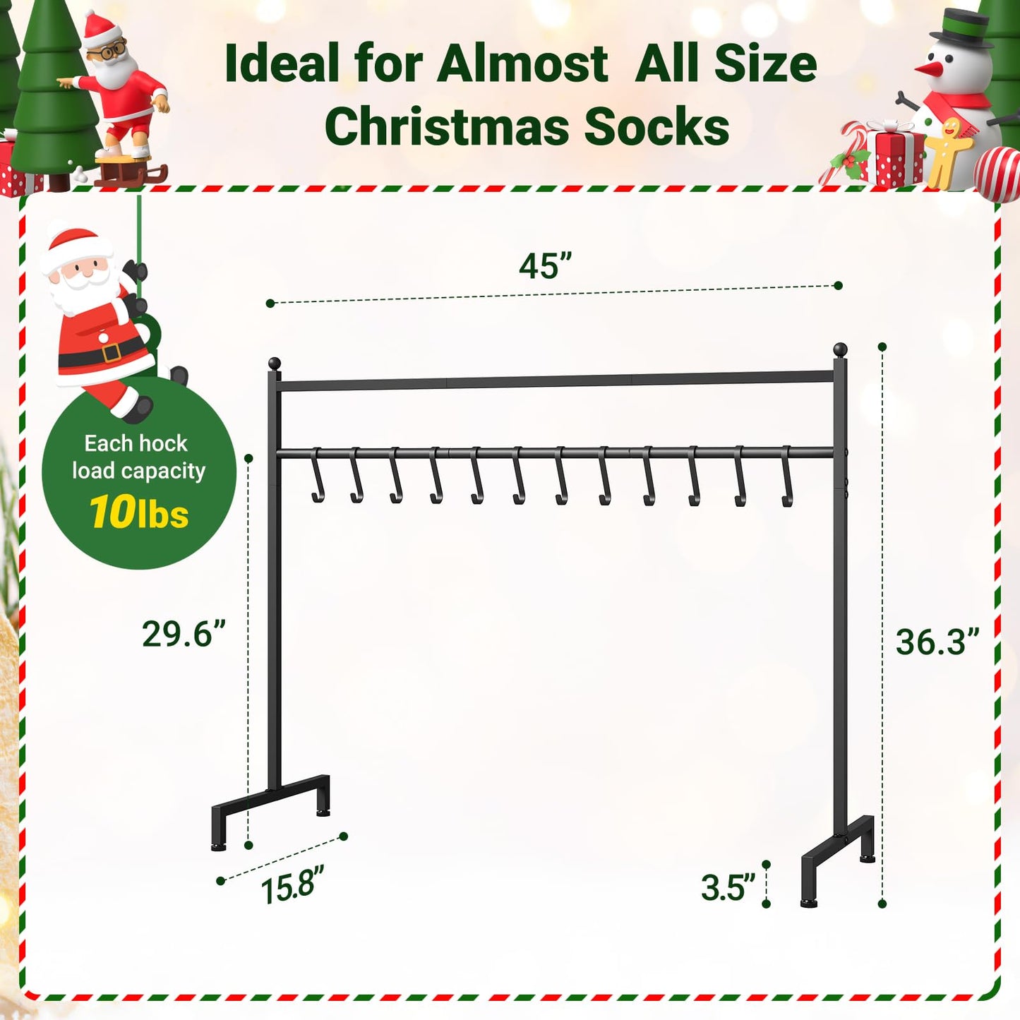 ELYKEN Christmas Stocking Holder Stand, Freestanding Stocking Rack with 12 Removable Hooks, Heavy Duty Metal Christmas Stocking Stand for Floor, Weighted Stocking Holder with Adjustable Feet, Black