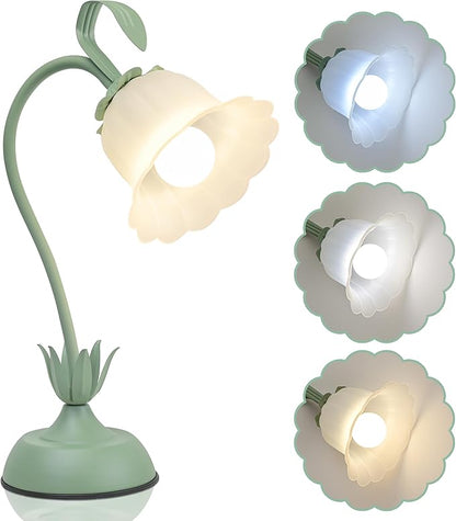 Vintage Flower Table Lamp, 3 Color Temperature Flexible Gooseneck Cute Desk Lamp for Bedroom, Kawaii Nightstand Bedside Lamps for Living Room, Dorm, Office, Home Decor (Green)