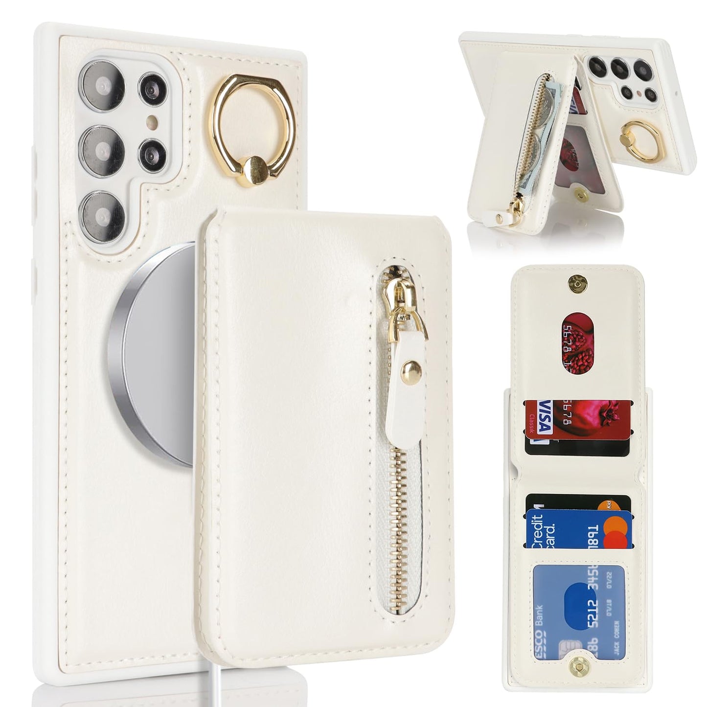 DEYHU for Samsung Galaxy S22 Ultra Phone case with Card Holder with Compatible magsafe Magnetic, Key Chain PU Leather Flip Kickstand Detachable 2-in-1 Wallet case Women Men-White