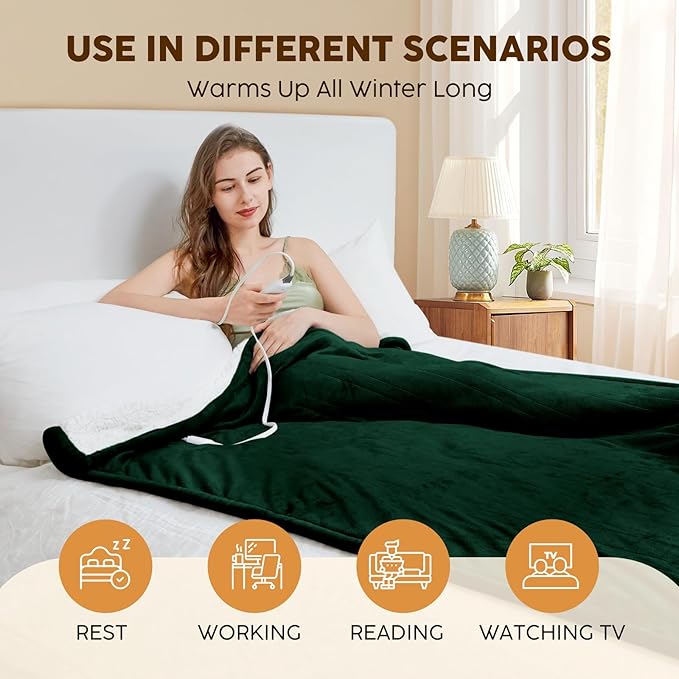 HYLEORY Heated Electric Blanket Throw 50"x60" Soft Fleece & Flannel with 5 Heating Levels & 3 Hours Timer Auto Shutt Off, ETL Certified, Washable，Heated Blanket for Body-Dark Green