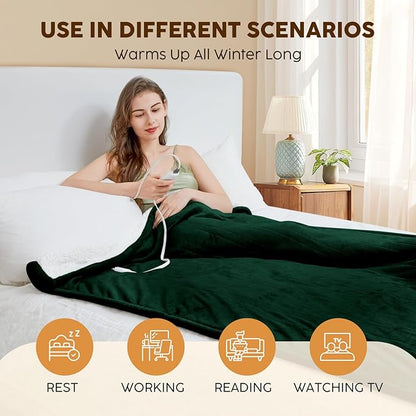 HYLEORY Heated Electric Blanket Full 72"x84" Soft Fleece & Flannel with 5 Heating Levels & 10 Hours Timer Auto Shutt Off, ETL Certified, Washable，Heated Blanket for Body-Dark Green