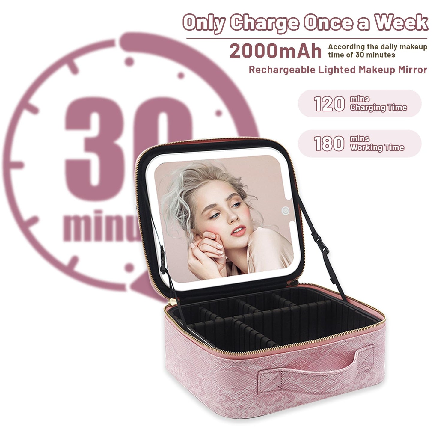 PRALENA Travel Makeup Bag with LED Mirror – 3 Brightness Modes, Portable Lighted Makeup Case with Adjustable Dividers, Cosmetic Organizer Gift for Women (Pink)