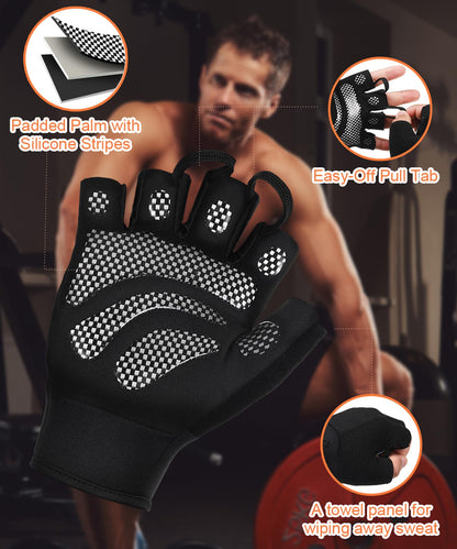 sunnex Gym Gloves for Men & Women - Breathable Weight Lifting Gloves with High-Grip Silicone Padding, Fingerless Workout Gloves for Cycling, Rowing, Pull Ups & Strength Training (Black, Small)