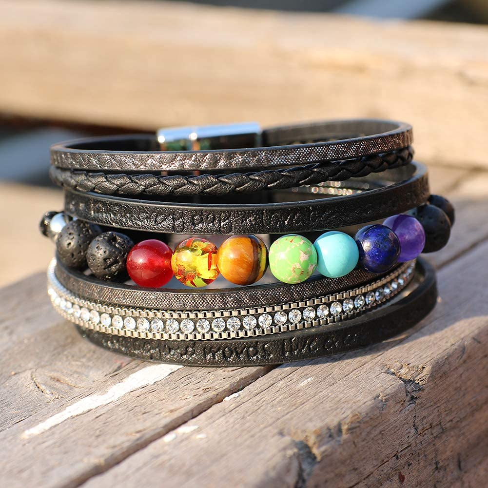 Vercret Leather Wrap Bracelet for Women - Lava Stone Chakra Multi-Layer Bracelets Magnetic Clasp Bangle Cuff Stacked Bracelet for lady and Mother