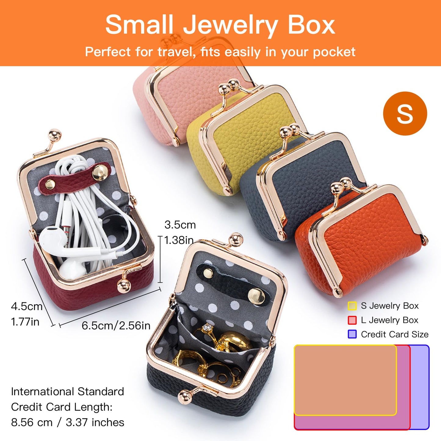 Small Travel Jewelry Box, Genuine Leather Mini Kiss-Lock Coin Purse Organizer, Portable Jewelry Storage for Women (Pink, S)