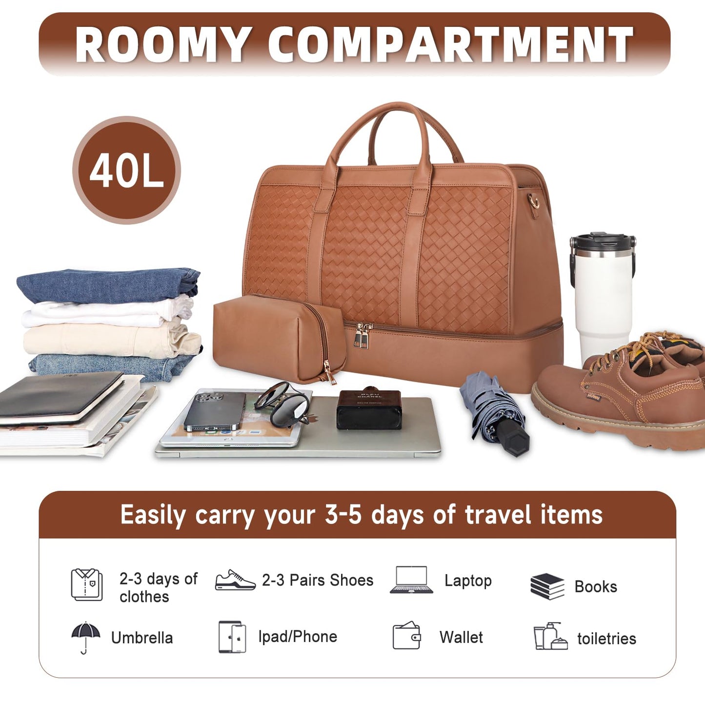 Bolosta Travel Duffle Bag for Men Women, PU Leather Duffel Bag for Traveling, Large Carry on Weekender Overnight Bag with Shoe Compartment, Perfect for Travel/Daily Use