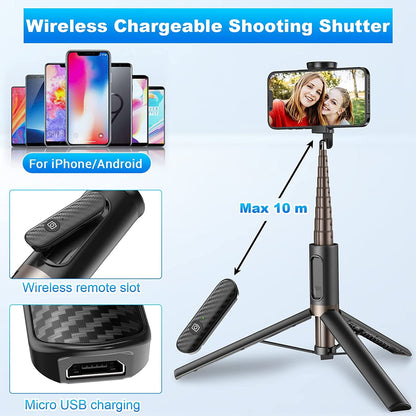 TONEOF 68" Magnetic Selfie Stick Tripod with Aluminum Strong Magnetic Holder for Magsafe, 360° Rotatable Travel Phone Tripod Stand with Metal Ring & Rechargeable Remote for iPhone/Android(Beige Gray)