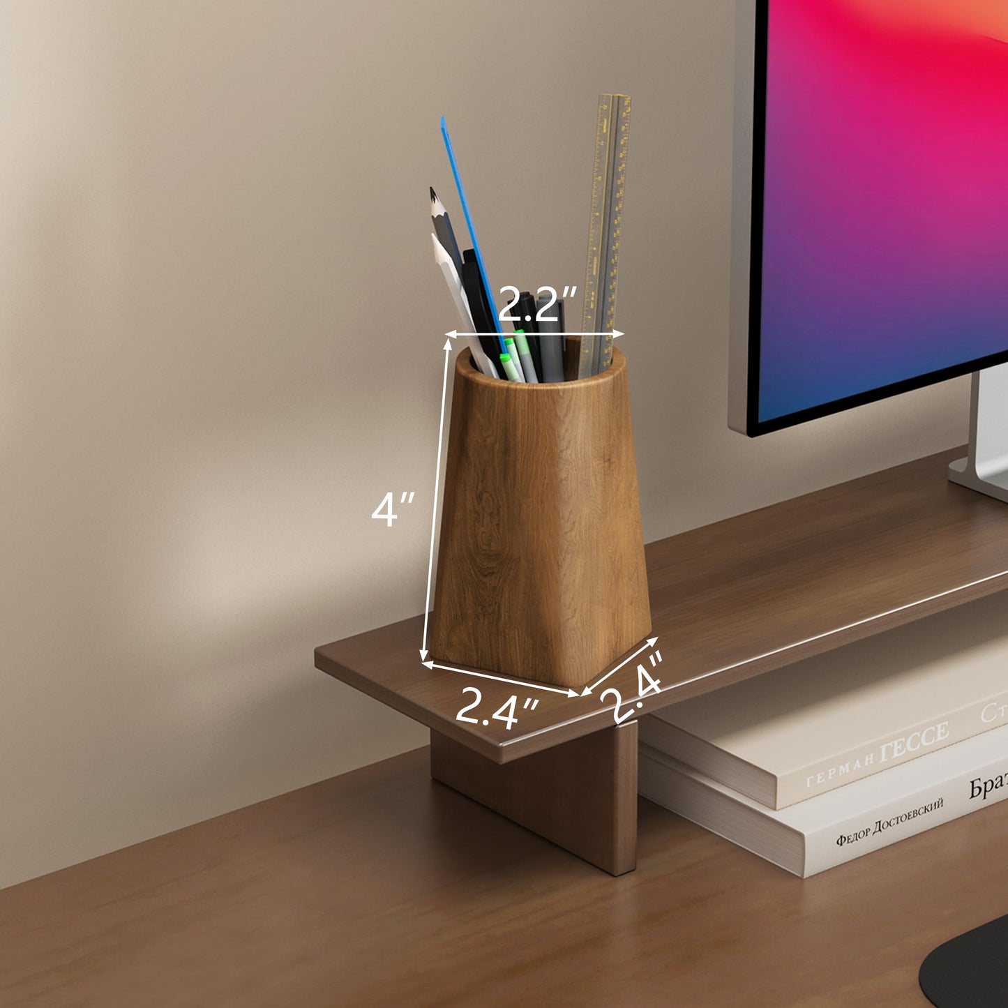 Ahonnpely Wooden Pen Holder for Desk - Pencil Cup for Office School Supplies Storage, Natural Wooden pencil cup for students