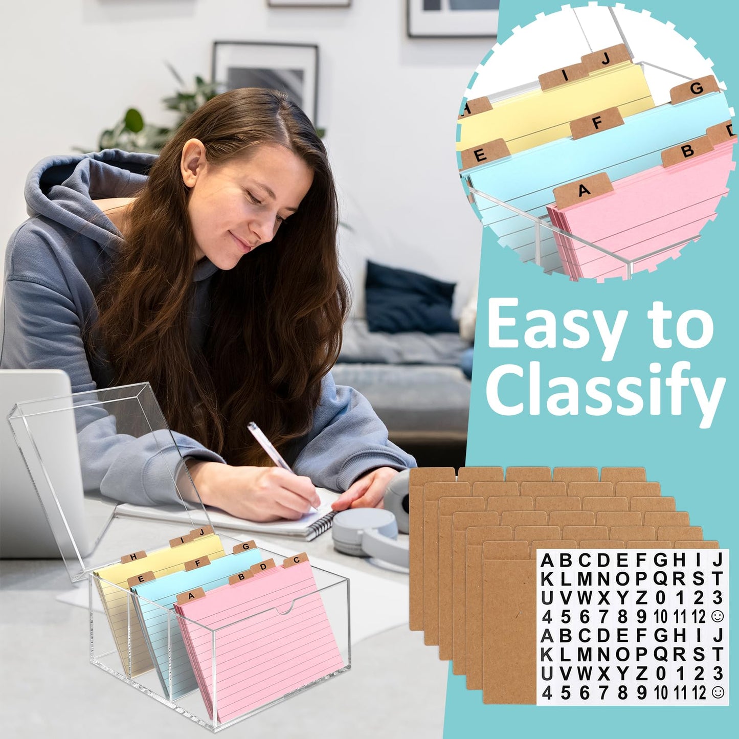 4x6 Index Card Holder Acrylic Index Card Organizer Clear Index Card Box Flash Card Holder with 5 Index Card Dividers Recipe Cards Holder Notecard Storage Box 150 Ruled Cards Stickers For Office Desk