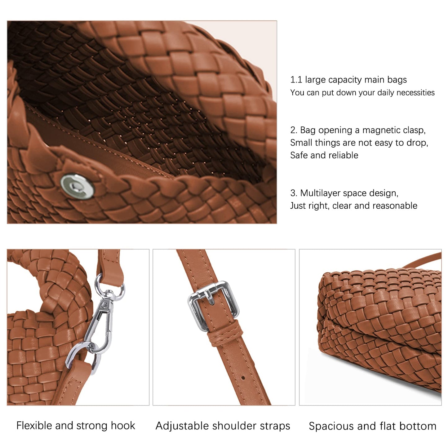 Woven Shoulder Bag for Women, Aesthetic Small Purse Trendy Top Handle Handbag PU Leather Crossbody Bag with Detachable Strap Cute for Mom Sister Girlfriend (BROWN)