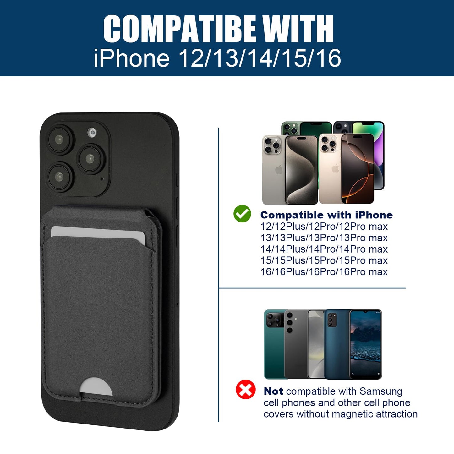 Rumwot for MagSafe Phone Wallet, Genuine Leather Magnetic Card Holder for iPhone, Magsafe Phone Wallet with Adjustable Bracket, 3 Card Holders, Compatible with iPhone 16/15/14/13/12 Series (Black)